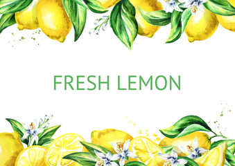 Fresh lemon horizontal background. Watercolor hand drawn illustration