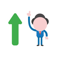 Vector illustration concept of faceless businessman character pointing up with arrow moving up
