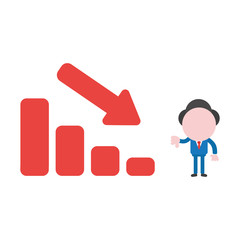 Vector illustration concept of faceless businessman character showing thumbs down with sales bar chart moving down