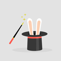 A wizard set black hat with the rabbit ears inside and a magic wand