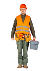 construction worker in a helmet with toolbox in orange security vest