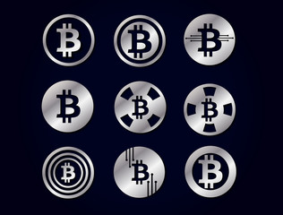 set of graphic vector silver icons logo for bitcoin crypto currency