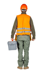 a back view of construction worker in a helmet with toolbox in orange security vest