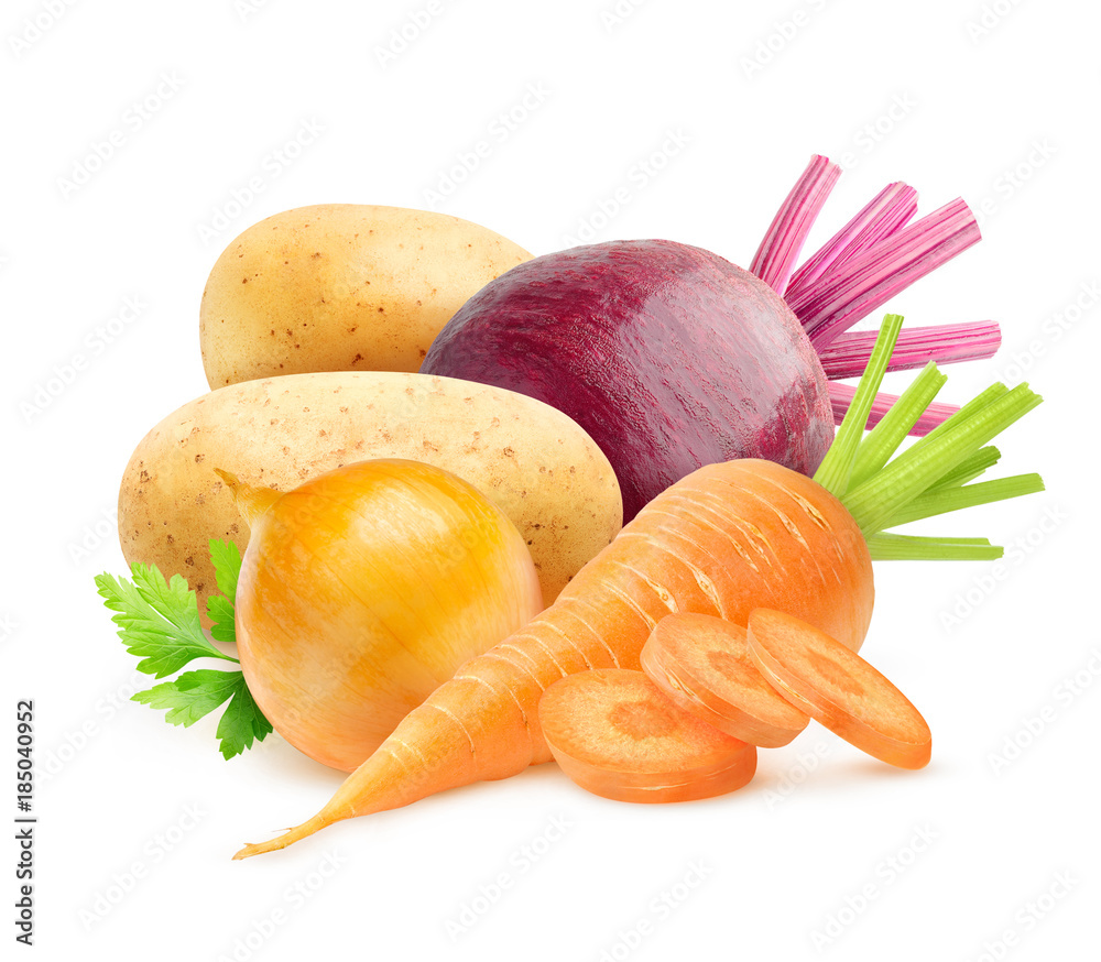 Poster Isolated vegetables. Raw carrot, onion, potatoes and beetroot isolated on white background with clipping path
