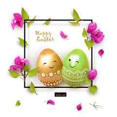 Happy Easter banner, elegant festive design, easter eggs, family, children, boy and girl, group of animated characters, tropical flowers, frame. Vector illustration
