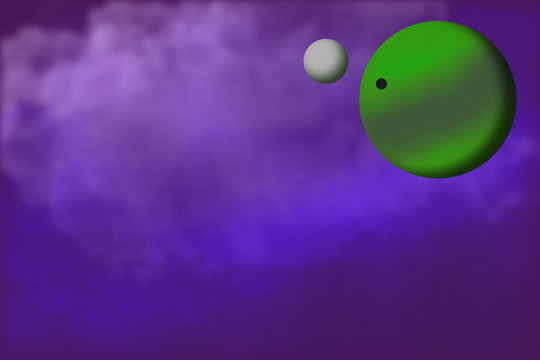 Green Planet on Purple Space with Moon and Gas Couds