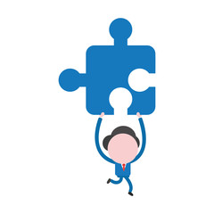 Vector illustration concept of faceless businessman character running, holding up and carrying jigsaw puzzle piece