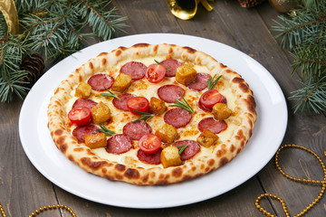 Christmas pizza on the wood board