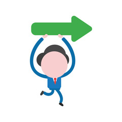 Vector illustration concept of faceless businessman character running, holding up and carrying arrow showing right