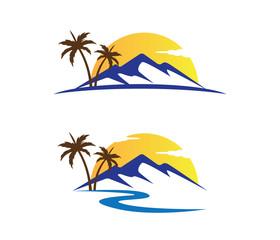 Fototapeta na wymiar mountains and beach sunset palm tree vector logo design