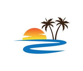 Fototapeta premium river sunset palm coconut tree beach vector logo design