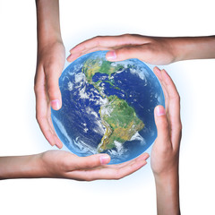 Four hands save the world on white background , Elements of this image furnished by NASA
