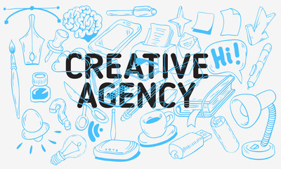 Creative Agency Artistic Cartoon Hand Drawn Sketchy Line Art Style Drawings Illustrations Icons Design Of Essential Related Objects Of Every Day Working Things And Tools.