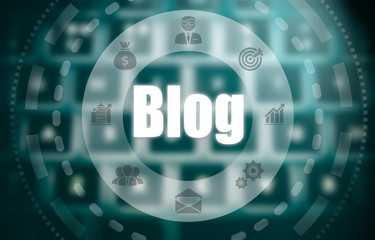 A blog concept on a futuristic computer display over a blured image of a keyboard.