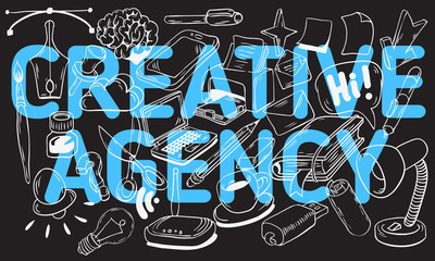 Creative Agency Artistic Cartoon Hand Drawn Sketchy Line Art Style Drawings Illustrations Icons Design Of Essential Related Objects Of Every Day Working Things And Tools.