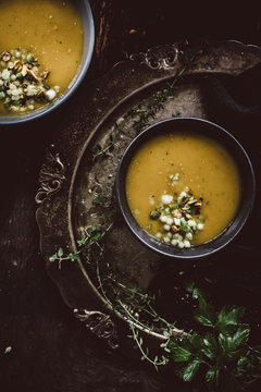 Bowls of homemade butternut squash and white bean soup