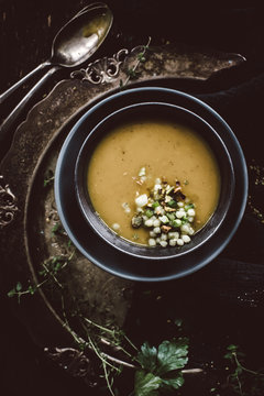 Bowl of homemade butternut squash and white bean soup