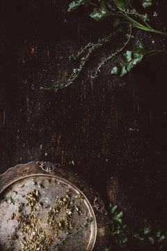 Vintage Platter with Parsley and Chopped Pistachios