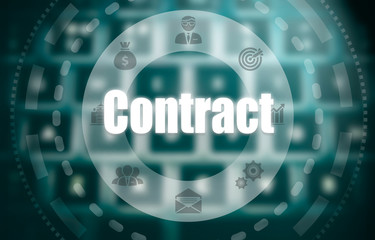 A contract concept on a futuristic computer display over a blured image of a keyboard.