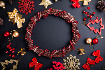 Christmas wreath with decoration. Christmas and New Year background