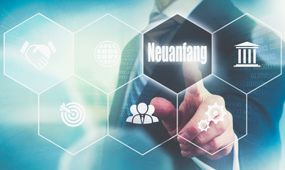 A businessman pressing a New Beginning, Fresh Start 