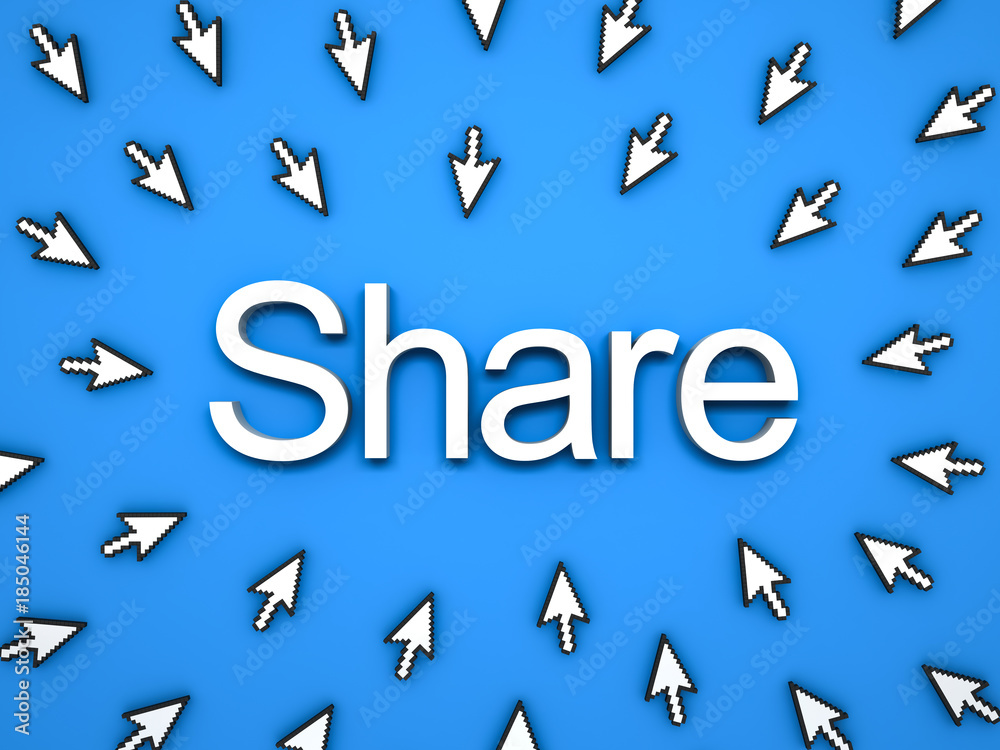 Poster Popular Share concept , many arrow cursors mouse clicking share button or link on blue background with shadows . 3D rendering.