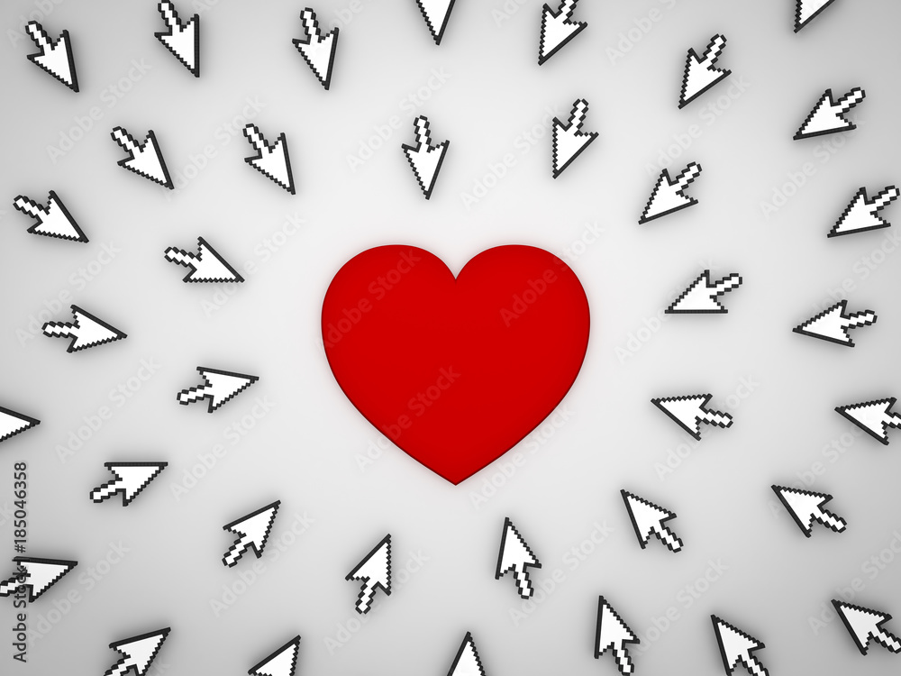 Aufkleber Many arrow cursors clicking red heart button isolated on grey background. 3D rendering.