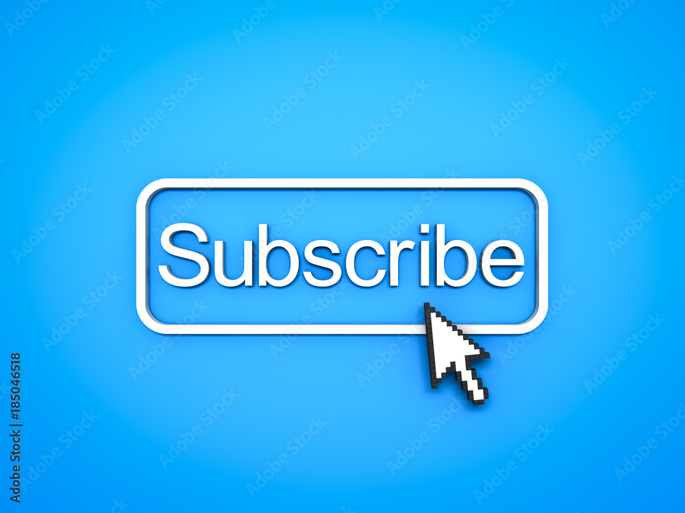 Aufkleber Subscribe button with computer arrow cursor on blue background. 3D rendering.