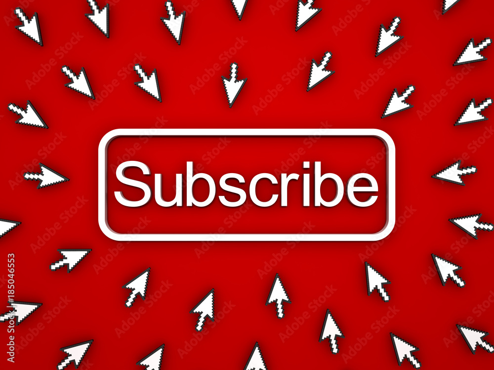 Fototapete Subscribe button with many computer arrow cursors on red background. 3D rendering.