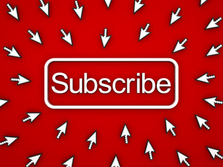 Subscribe button with many computer arrow cursors on red background. 3D rendering.