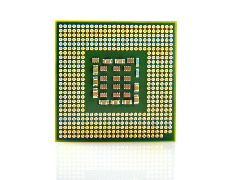 Macro shot of computer processor isolated on white background.