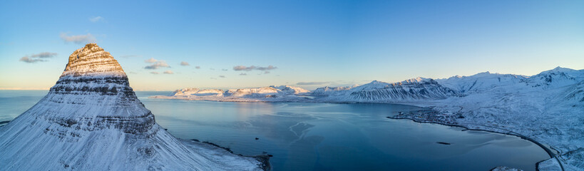 Aerial view of Kirkjufell mountain in winter, Iceland.