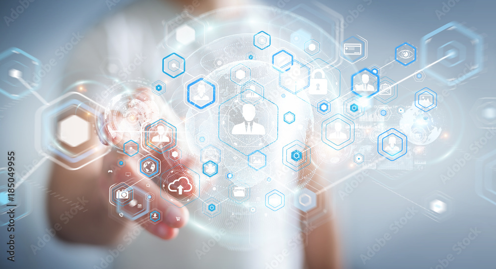 Poster Businessman using social network interface 3D rendering