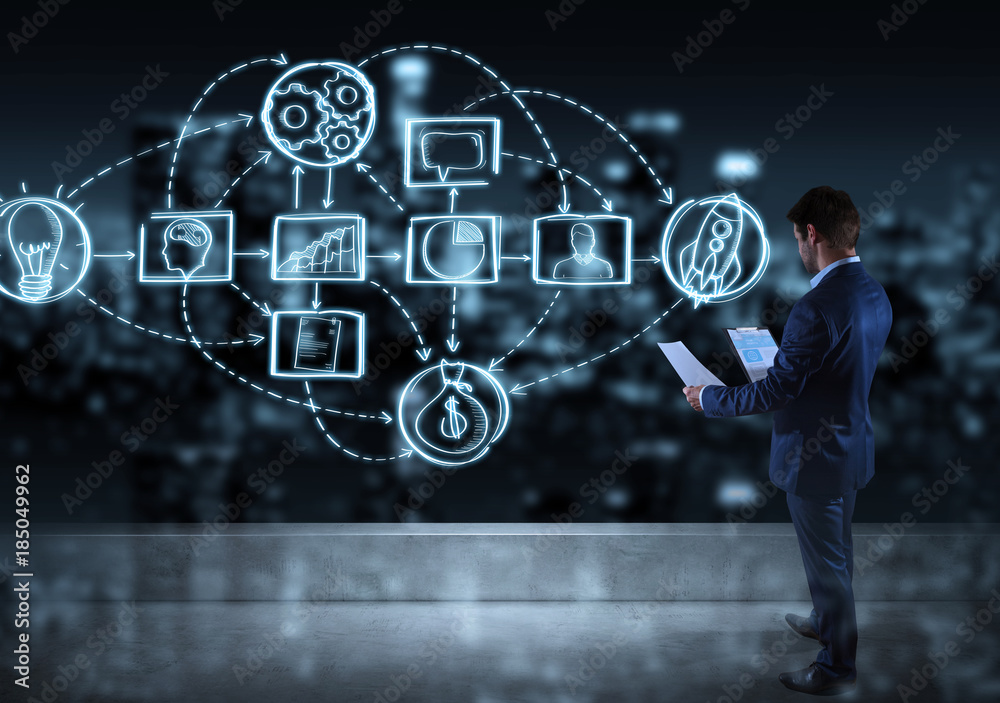Poster businessman watching a project sketch on a rooftop 3d rendering