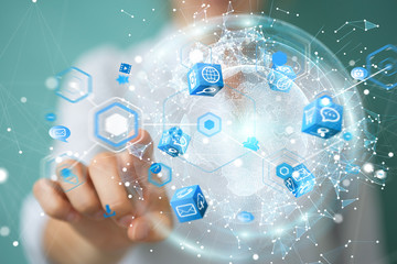 Businesswoman using flying earth network interface 3D rendering