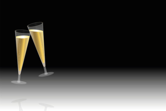 Toast with two floating champagne glasses at new years eve, company celebration, birthday party, wedding or any other merry feast - vector illustration on black to white gradient background.