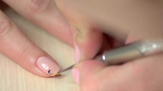 The process of making delicate design on nails. Nail beautician hand painting lace on client nails in beauty salon. Professional manicure close up.