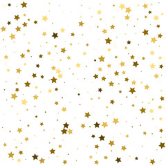 Abstract pattern of random falling gold stars on white background. Glitter template for banner, greeting card, Christmas and New Year card, invitation, postcard, paper packaging. Vector illustration.