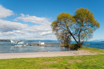 The lakefront Floatplane pier in Taupo, North Island of New Zealand.