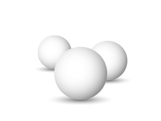Three white spheres, balls or orbs. 3D vector objects with dropped shadow on white background.