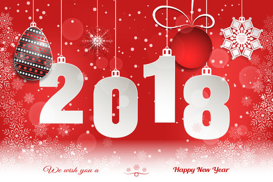 Wide vector paper art for New Year with hanging numbers, balls and snowflakes on the gradient red background with snowflall.