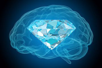 Brilliant idea concept. Diamond inside brain, 3D rendering