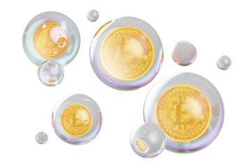 Financial bubble concept. Bitcoins inside soap bubbles, 3D rendering
