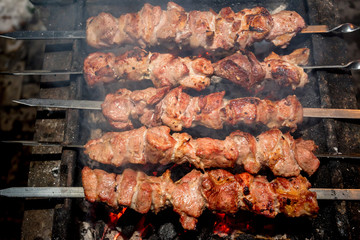 Preparing shashlik on mangal