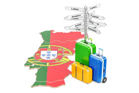 Portugal travel concept. Portuguese map with suitcases and signpost, 3D rendering