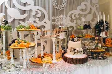 The wedding buffet is decorated in the winter theme.
