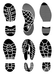 Footprint icons isolated on white background. Vector art. Collection of a imprint soles shoes. Footprint sport shoes big vector illustration set
