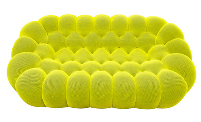 Green lime sofa with pillow. Soft lemon couch. Classic pistachio divan on isolated background