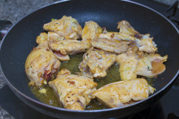 chopped chicken cooking in the kitchen pot
