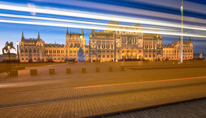 Moving tram in front of the Hungarian Parliament, Budapest